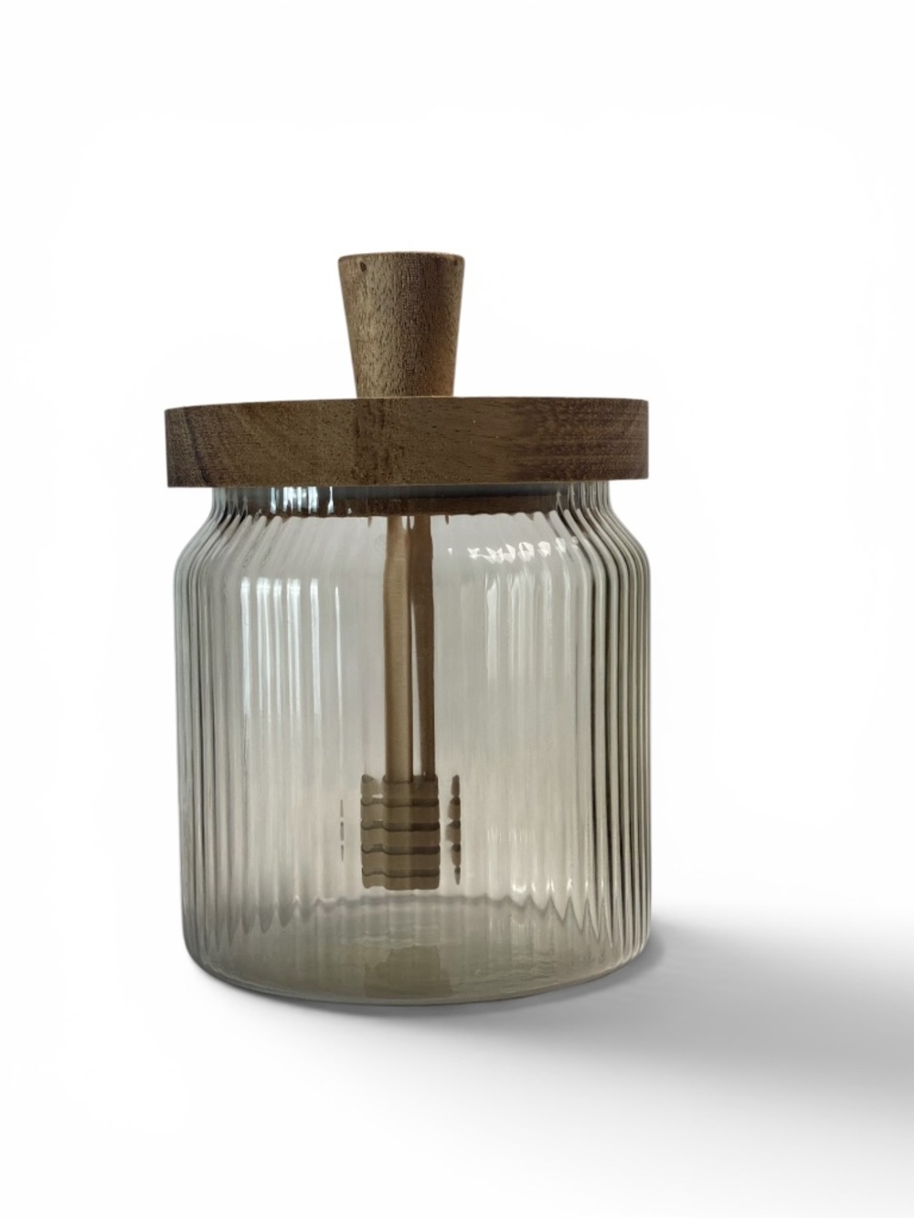 Smoked Ribbed Glass Honey Jar with Wooden lid & Dipper